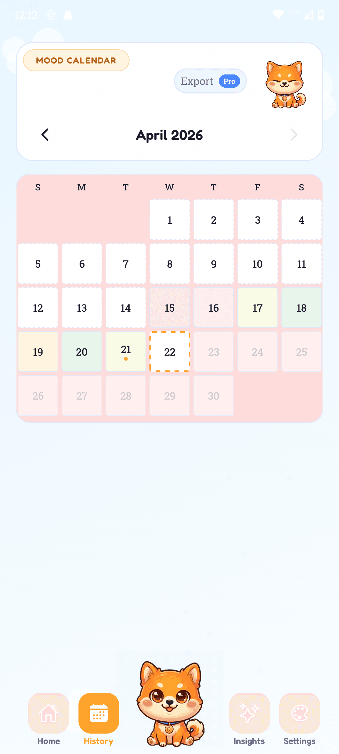 Kibun mood calendar — a month-at-a-glance heatmap of logged days.