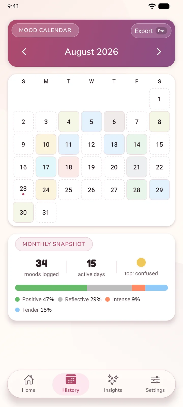 Kibun mood calendar — a month-at-a-glance heatmap with a monthly snapshot.