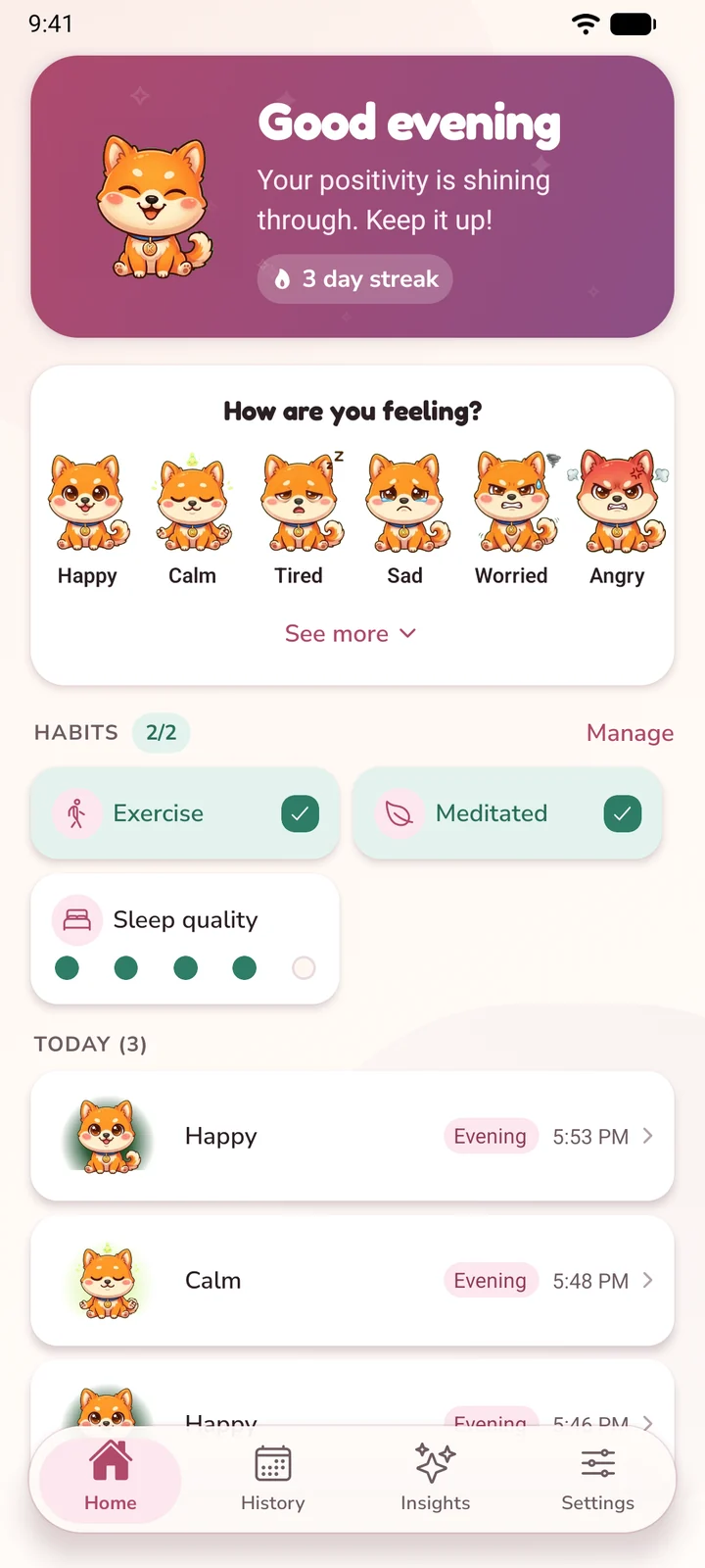 Kibun home screen: a daily mood check-in, habits, and today's entries.