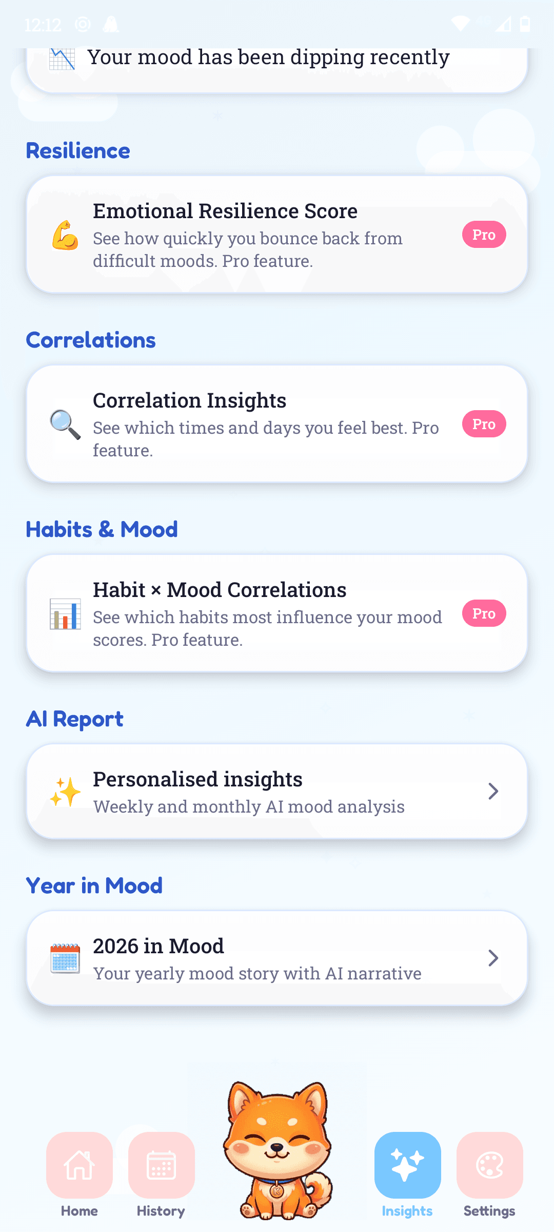 Kibun insights screen with habit and mood correlations, resilience score, and patterns.