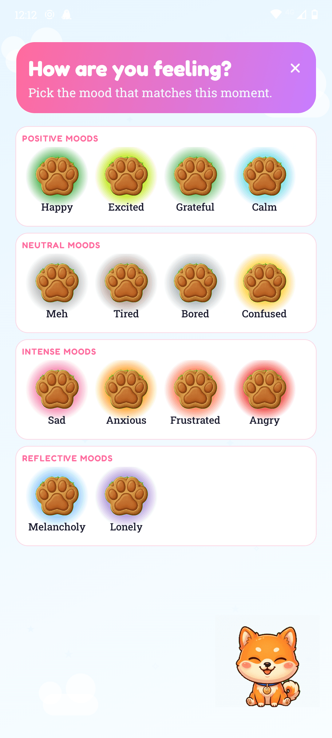 Kibun mood picker showing fourteen colour-coded moods across four families.